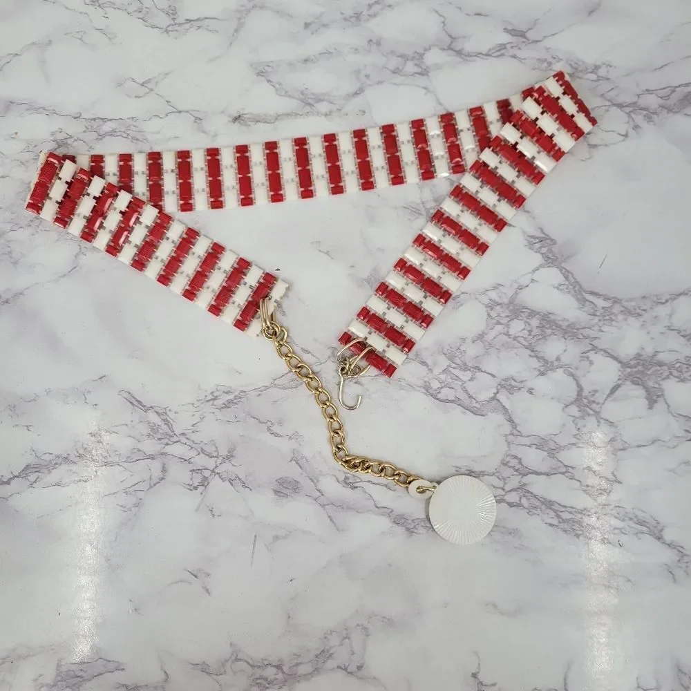 Vintage Poker Chip Red and White Plastic Belt with Gold Chain